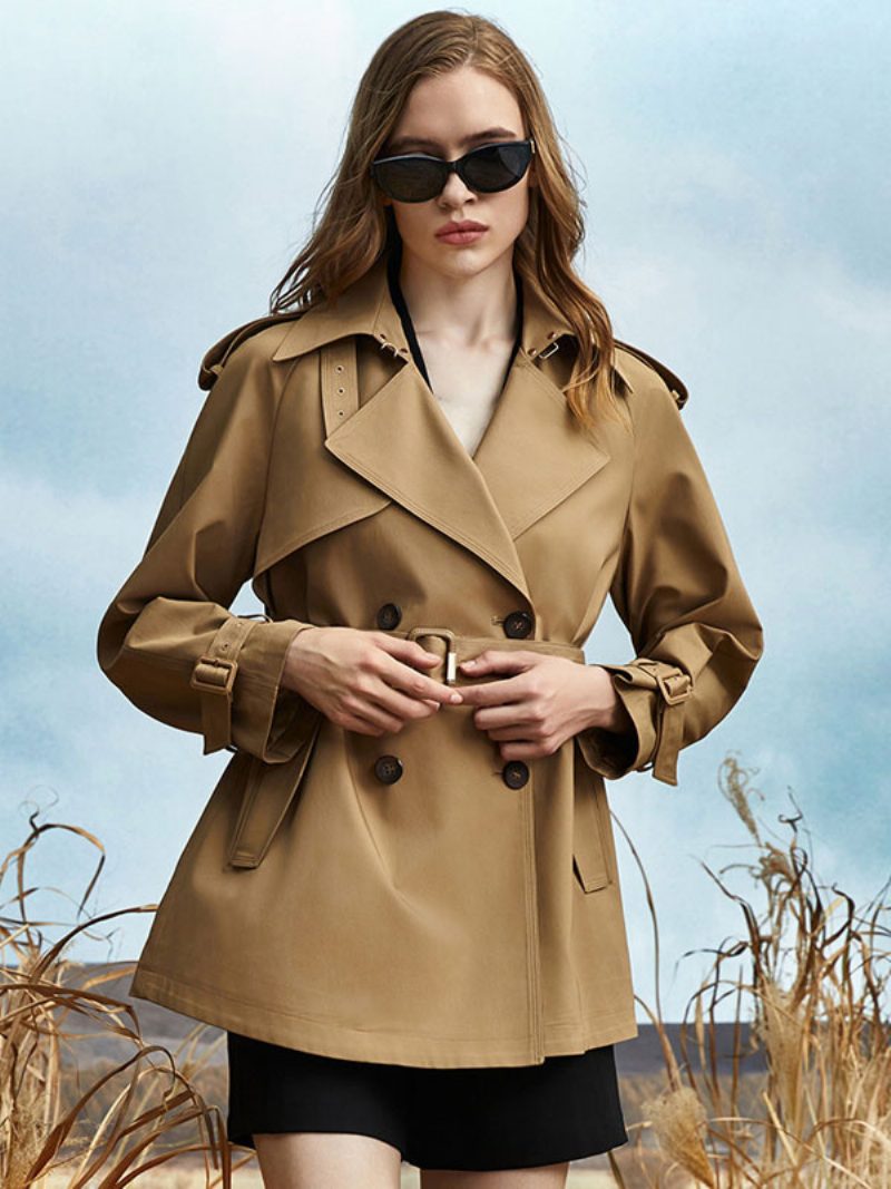 Damen-trenchcoat Asymmetrischer Umlegekragen Schärpe Lange Ärmel - Khaki