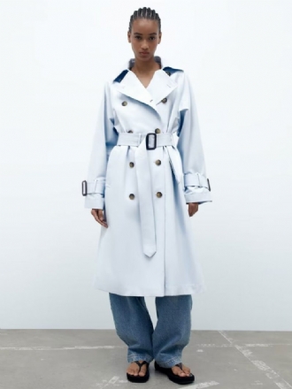 Damen-trenchcoat Babyblau Umlegekragen Lange Ärmel Oberbekleidung