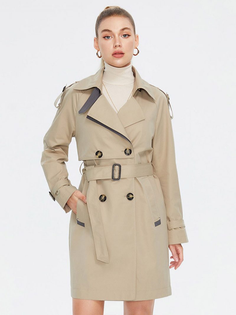 Damen-trenchcoat Reversknöpfe Gürtel Winddichte Oberbekleidung - Khaki