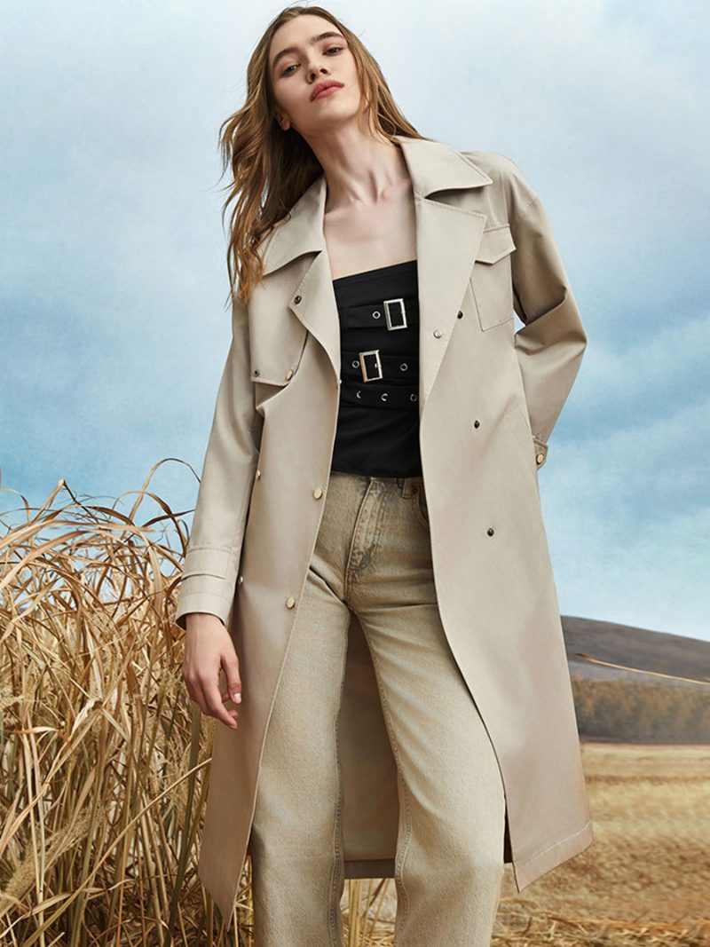 Damen Trenchcoat Umlegekragen Schärpe Lange Ärmel Herbst Frühling Oberbekleidung - Beige