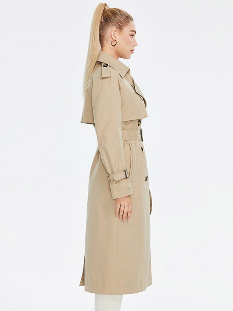 Damen-trenchcoat Umlegekragen Zweireihig Mit Gürtel - Khaki