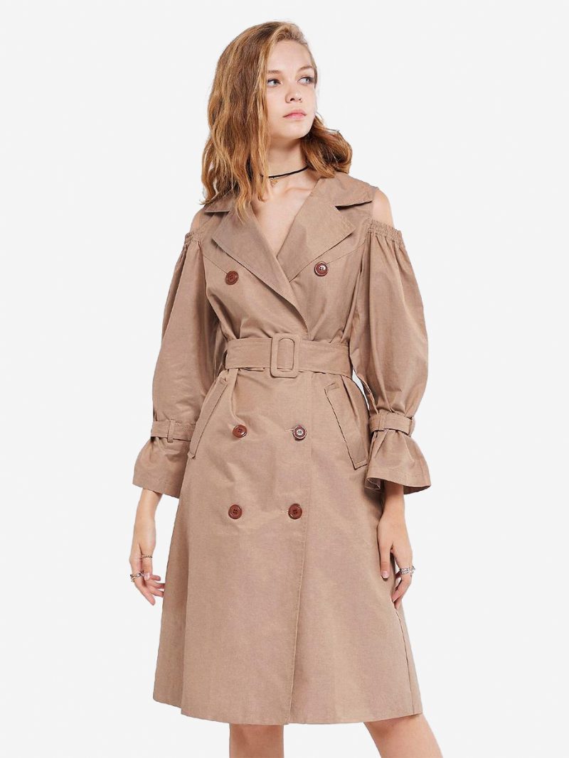 Khakifarbener Trenchcoat Für Damen Gekerbtes Revers Gürteltaschen Mantel