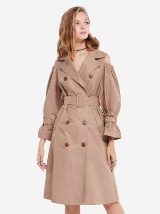 Khakifarbener Trenchcoat Für Damen Gekerbtes Revers Gürteltaschen Mantel