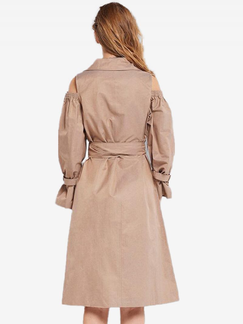 Khakifarbener Trenchcoat Für Damen Gekerbtes Revers Gürteltaschen Mantel - Khaki