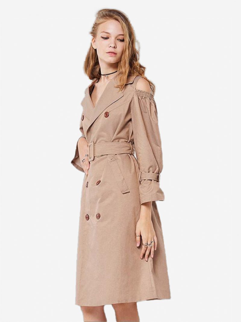 Khakifarbener Trenchcoat Für Damen Gekerbtes Revers Gürteltaschen Mantel - Khaki