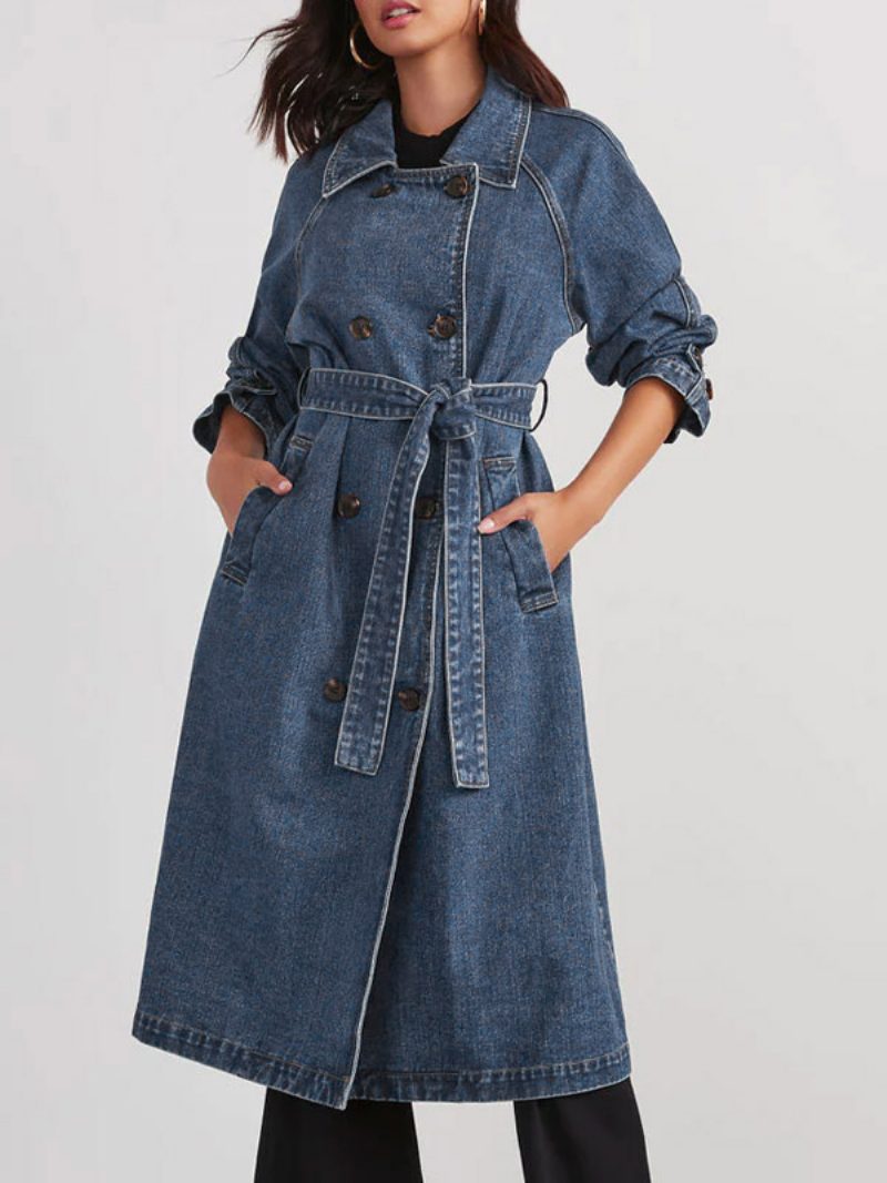 Lang Geschnittener Denim-mantel Mit Zweireihiger Knopfleiste Und Gürtel Für Damen - Blau