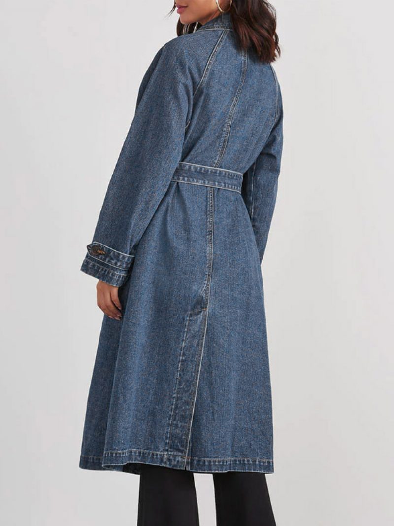 Lang Geschnittener Denim-mantel Mit Zweireihiger Knopfleiste Und Gürtel Für Damen - Blau