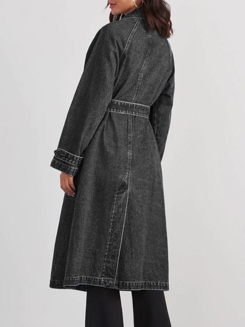 Lang Geschnittener Denim-mantel Mit Zweireihiger Knopfleiste Und Gürtel Für Damen - Schwarz