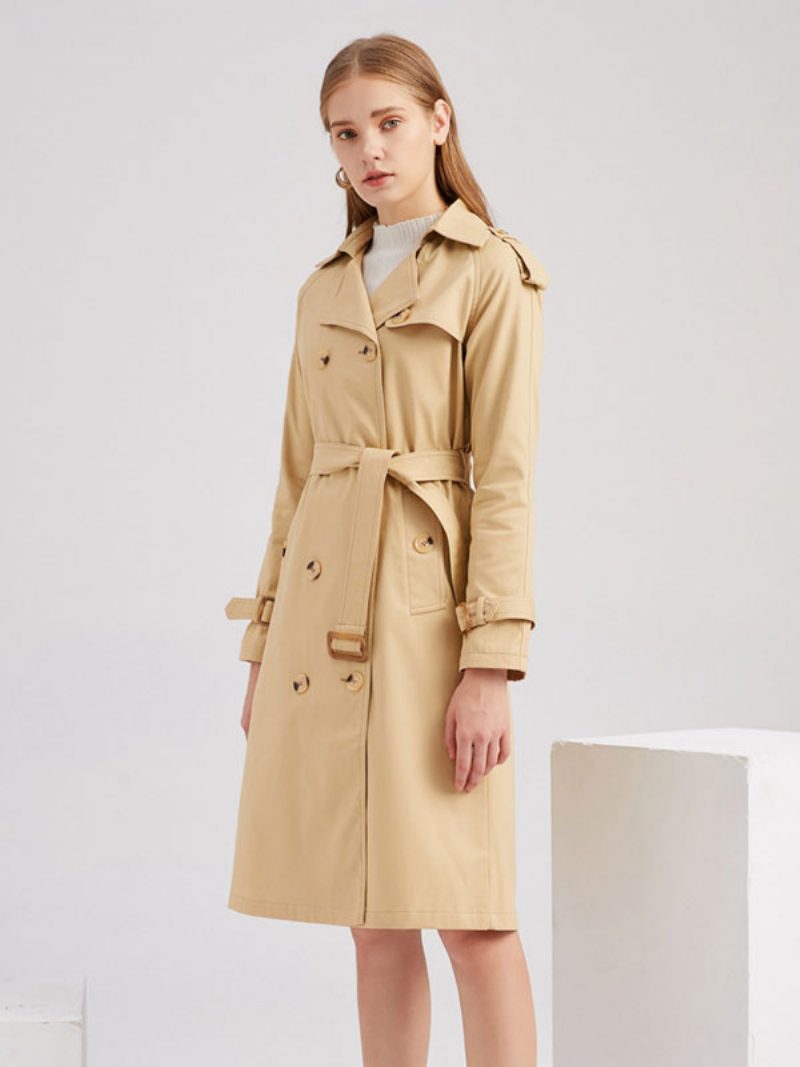 Langer Trenchcoat Khaki Umlegekragen Lange Ärmel Revers Klassisch Zweireihig Für Frühling Und Herbst Street-outwear Damen