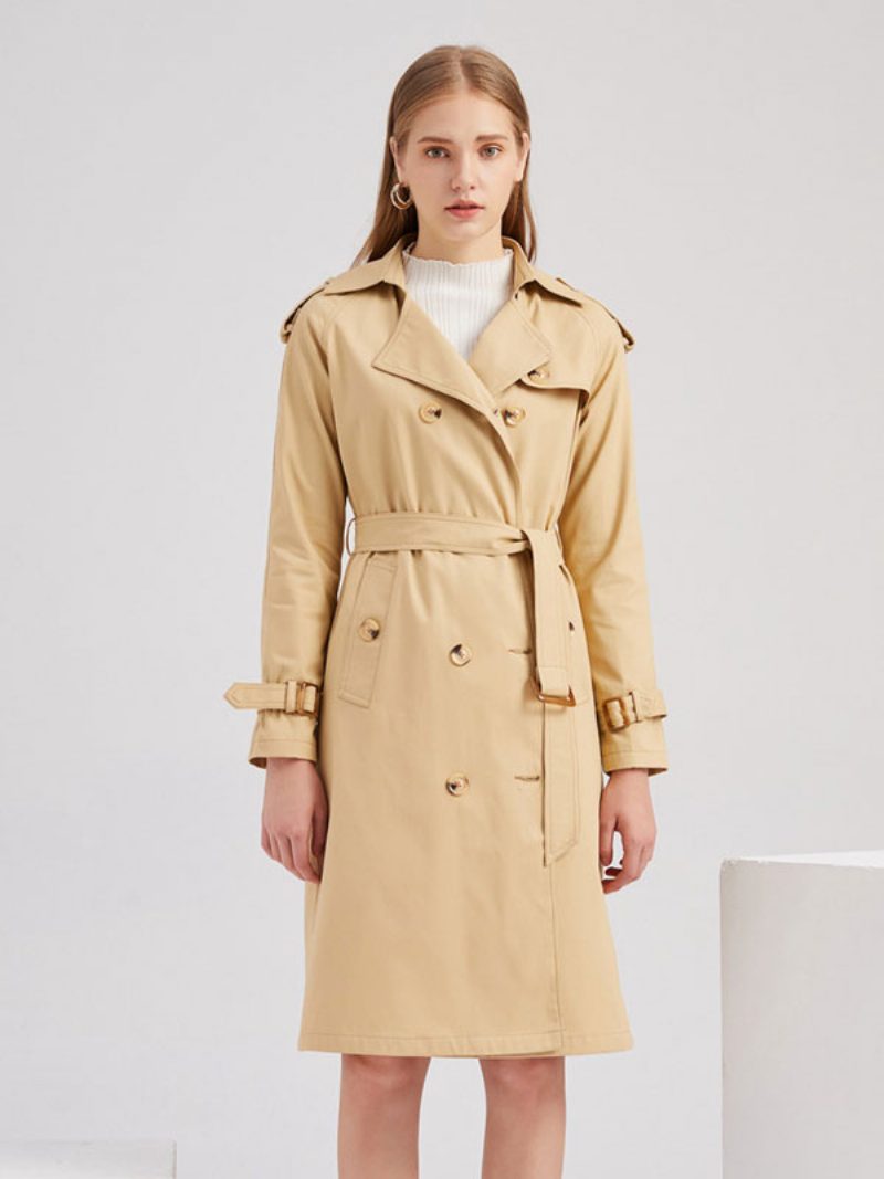 Langer Trenchcoat Khaki Umlegekragen Lange Ärmel Revers Klassisch Zweireihig Für Frühling Und Herbst Street-outwear Damen - Khaki