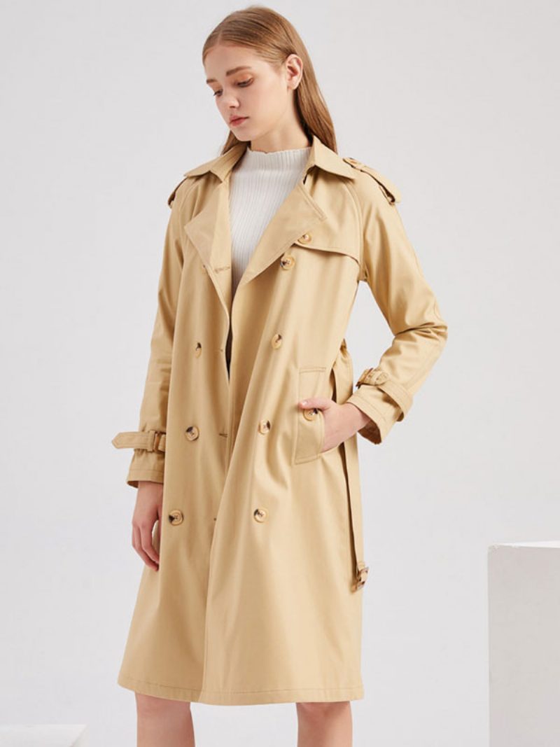 Langer Trenchcoat Khaki Umlegekragen Lange Ärmel Revers Klassisch Zweireihig Für Frühling Und Herbst Street-outwear Damen - Khaki