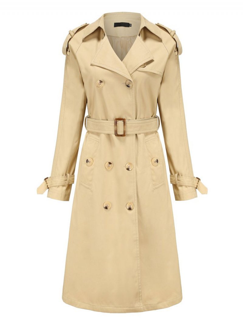 Langer Trenchcoat Khaki Umlegekragen Lange Ärmel Revers Klassisch Zweireihig Für Frühling Und Herbst Street-outwear Damen - Khaki