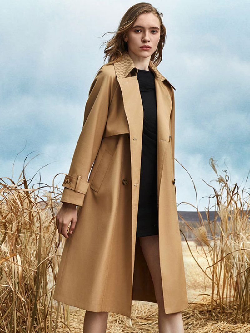 Trenchcoat Für Damen Gute Qualität Asymmetrischer Polyester-umlegekragen Knöpfe Lange Ärmel - Khaki