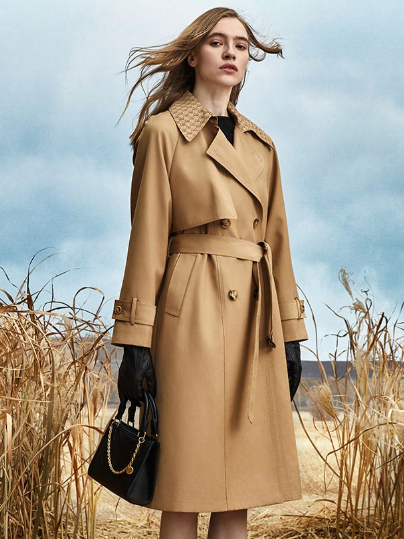 Trenchcoat Für Damen Gute Qualität Asymmetrischer Polyester-umlegekragen Knöpfe Lange Ärmel - Khaki