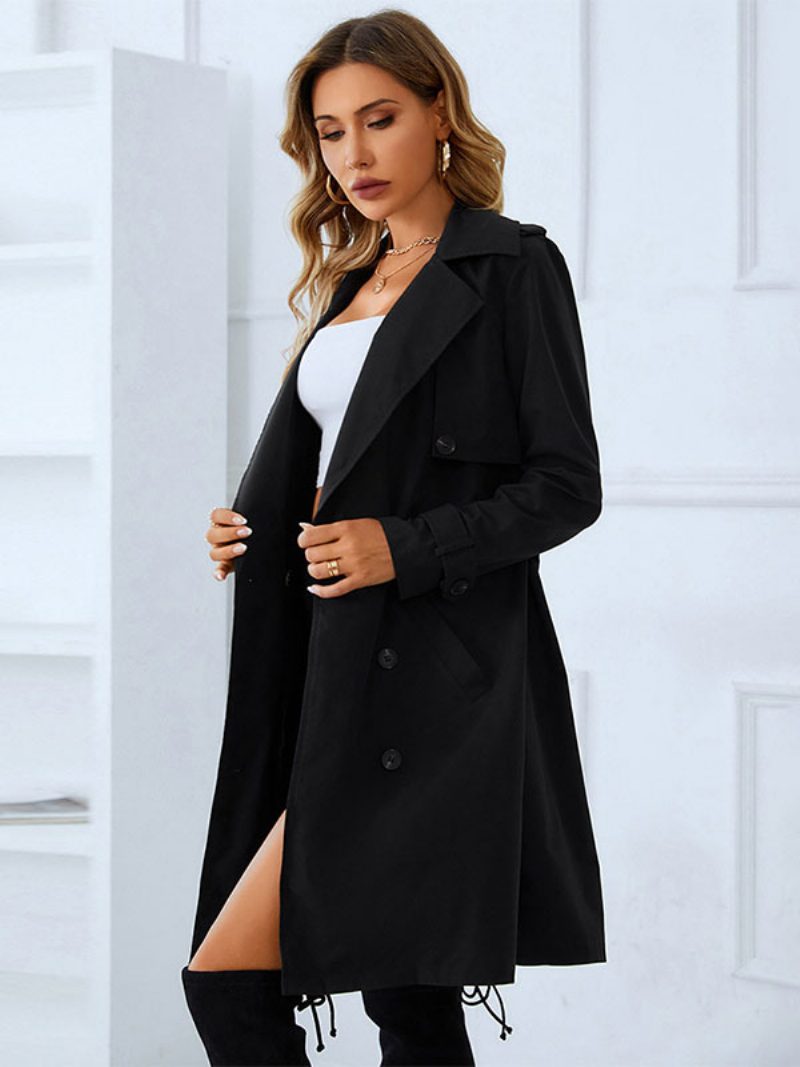 Trenchcoat Für Damen Gute Qualität Umlegekragen Knöpfe Lange Ärmel Warme Winter-oberbekleidung - Schwarz