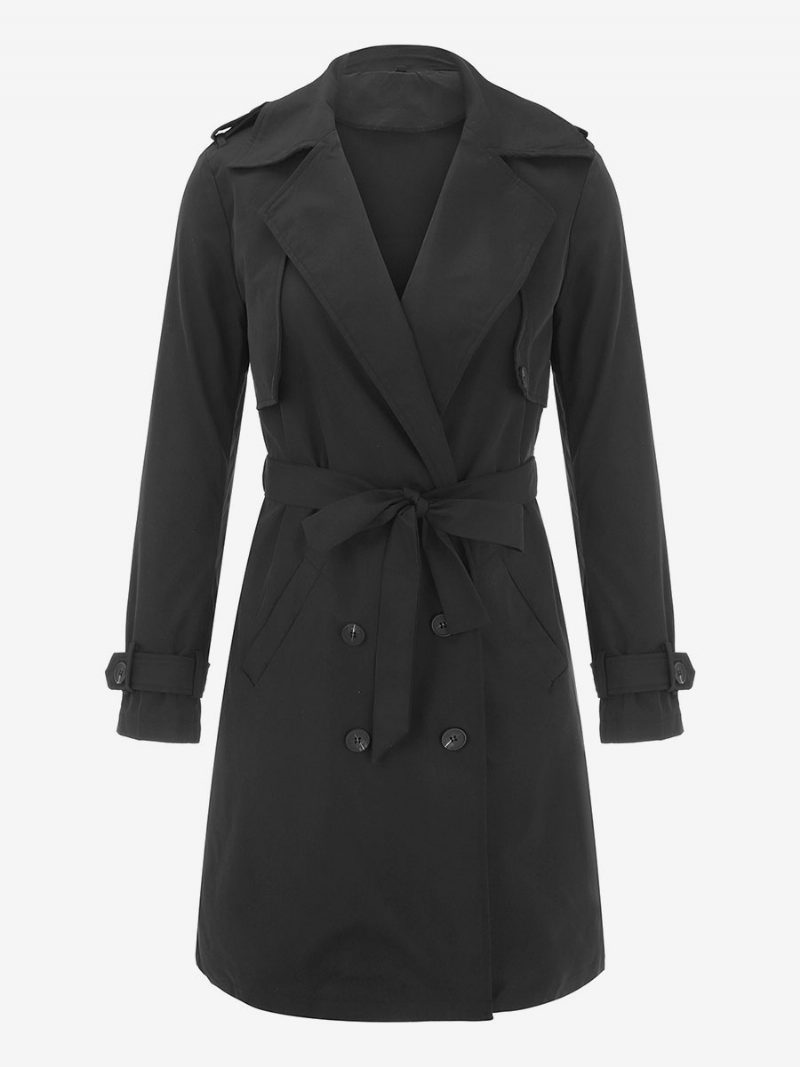 Trenchcoat Für Damen Gute Qualität Umlegekragen Knöpfe Lange Ärmel Warme Winter-oberbekleidung - Schwarz