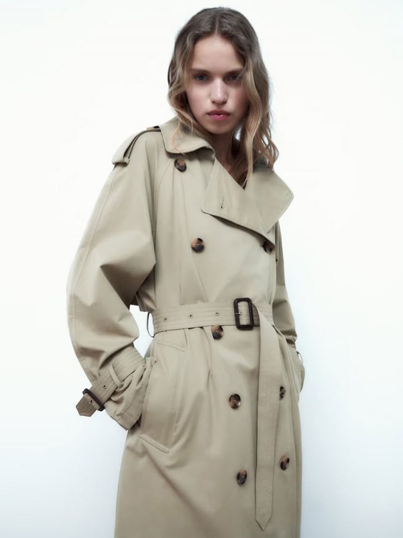 Trenchcoat Für Damen Khaki Umlegekragen Lange Ärmel Oberbekleidung - Khaki