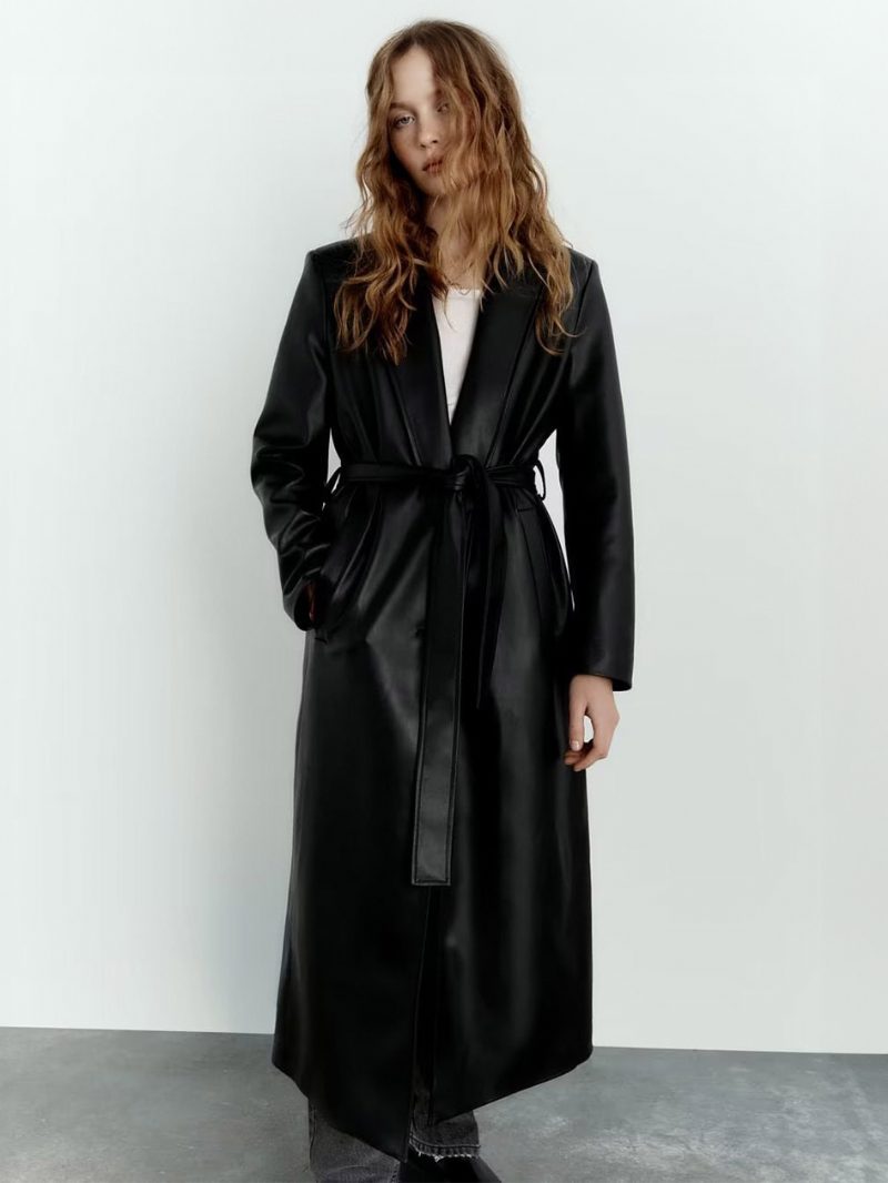 Trenchcoat Für Damen Modisch Pu-leder Umlegekragen Schärpe Lange Ärmel