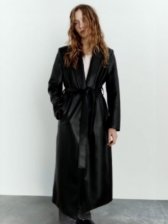 Trenchcoat Für Damen Modisch Pu-leder Umlegekragen Schärpe Lange Ärmel