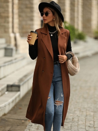 Trenchcoat Kaffeebraun Ärmellose Lange Weste Zweireiher Gürtel Slim Fit Casual Frühling Herbst Street Oberbekleidung Für Frauen