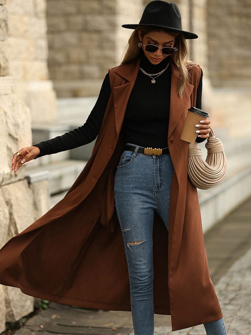 Trenchcoat Kaffeebraun Ärmellose Lange Weste Zweireiher Gürtel Slim Fit Casual Frühling Herbst Street Oberbekleidung Für Frauen - Kaffeebraun