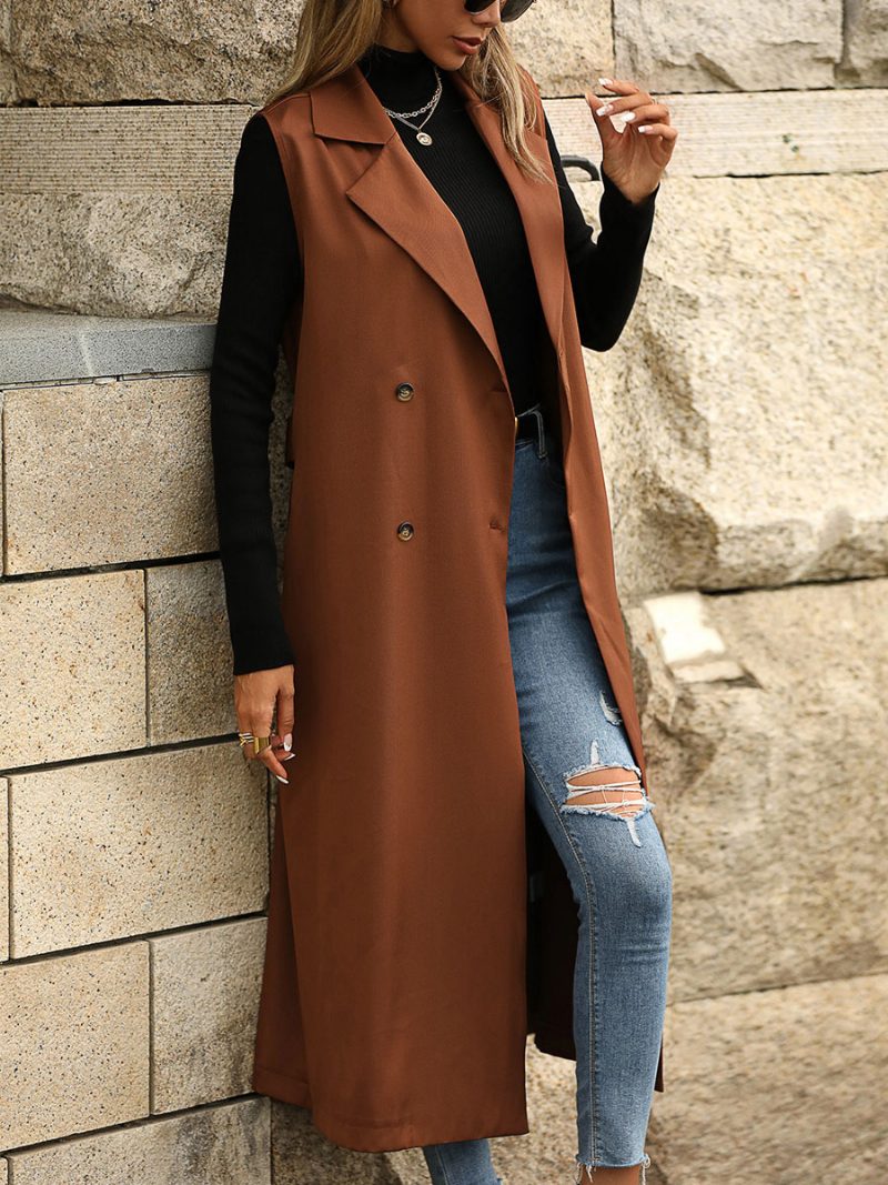 Trenchcoat Kaffeebraun Ärmellose Lange Weste Zweireiher Gürtel Slim Fit Casual Frühling Herbst Street Oberbekleidung Für Frauen - Kaffeebraun