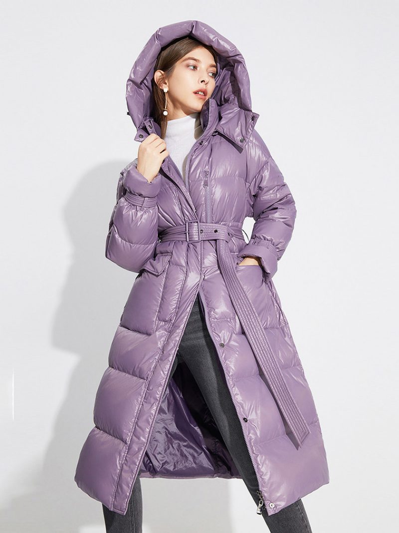 Daunenmantel Mit Kapuze Lila Lange Puffer-winteroberbekleidung Gürtel Für Damen