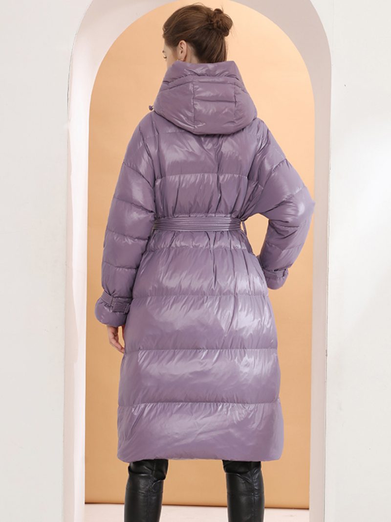 Daunenmantel Mit Kapuze Lila Lange Puffer-winteroberbekleidung Gürtel Für Damen - Lila