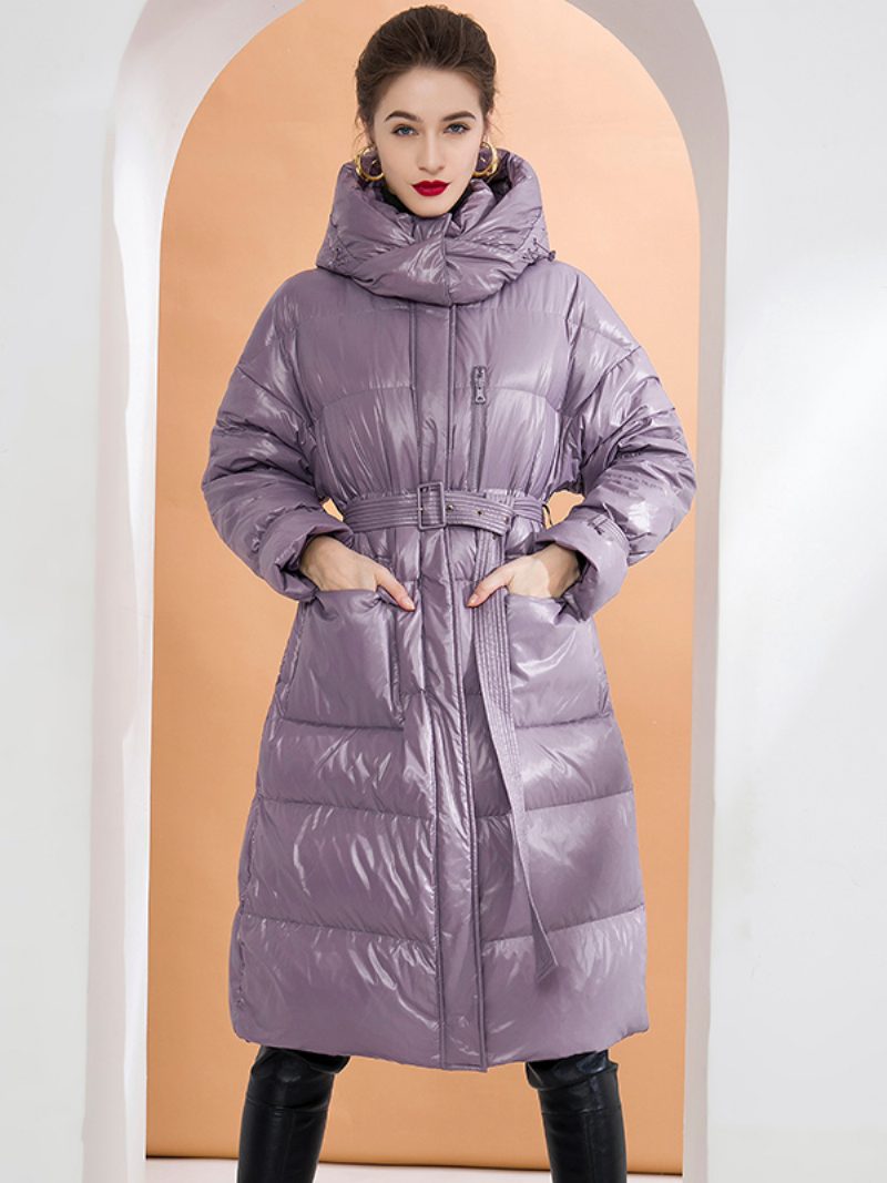 Daunenmantel Mit Kapuze Lila Lange Puffer-winteroberbekleidung Gürtel Für Damen - Lila