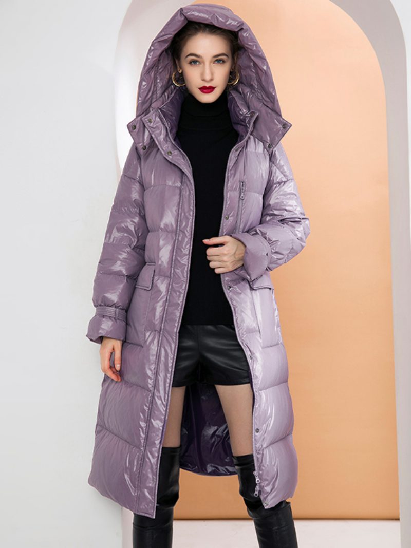 Daunenmantel Mit Kapuze Lila Lange Puffer-winteroberbekleidung Gürtel Für Damen - Lila