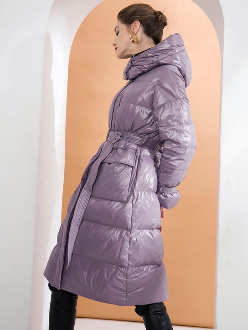 Daunenmantel Mit Kapuze Lila Lange Puffer-winteroberbekleidung Gürtel Für Damen - Lila