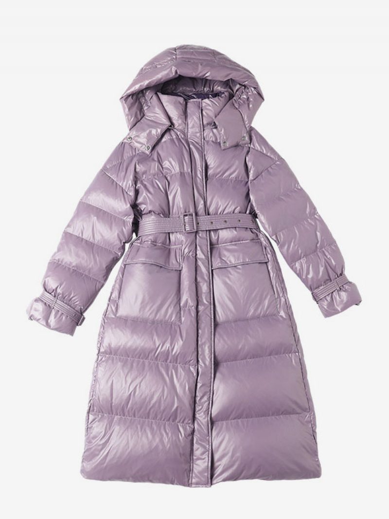 Daunenmantel Mit Kapuze Lila Lange Puffer-winteroberbekleidung Gürtel Für Damen - Lila