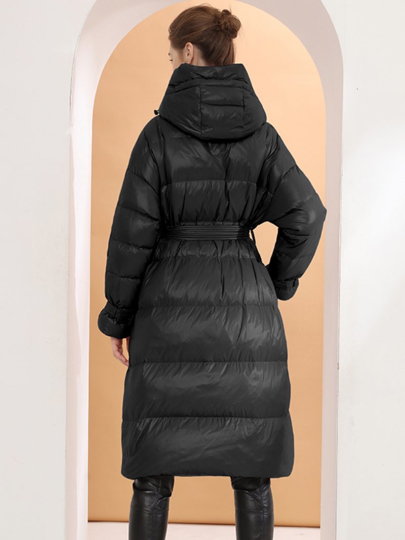 Daunenmantel Mit Kapuze Lila Lange Puffer-winteroberbekleidung Gürtel Für Damen - Schwarz