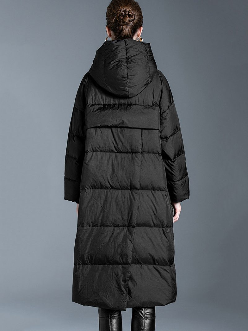 Schwarzer Daunenmantel Mit Kapuze Lange Puffer-winteroberbekleidung Für Damen - Schwarz