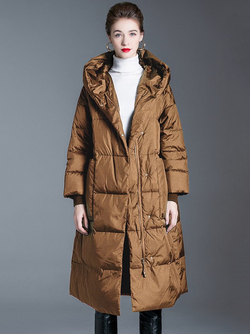 Schwarzer Daunenmantel Mit Kapuze Lange Puffer-winteroberbekleidung Für Damen - Khaki