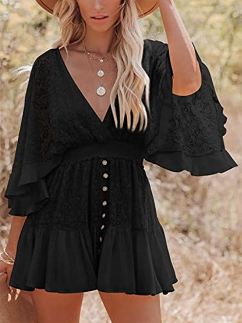 Boho-kleid Spitze V-ausschnitt Batwing Weißes Flare-minikleid Für Damen - Schwarz