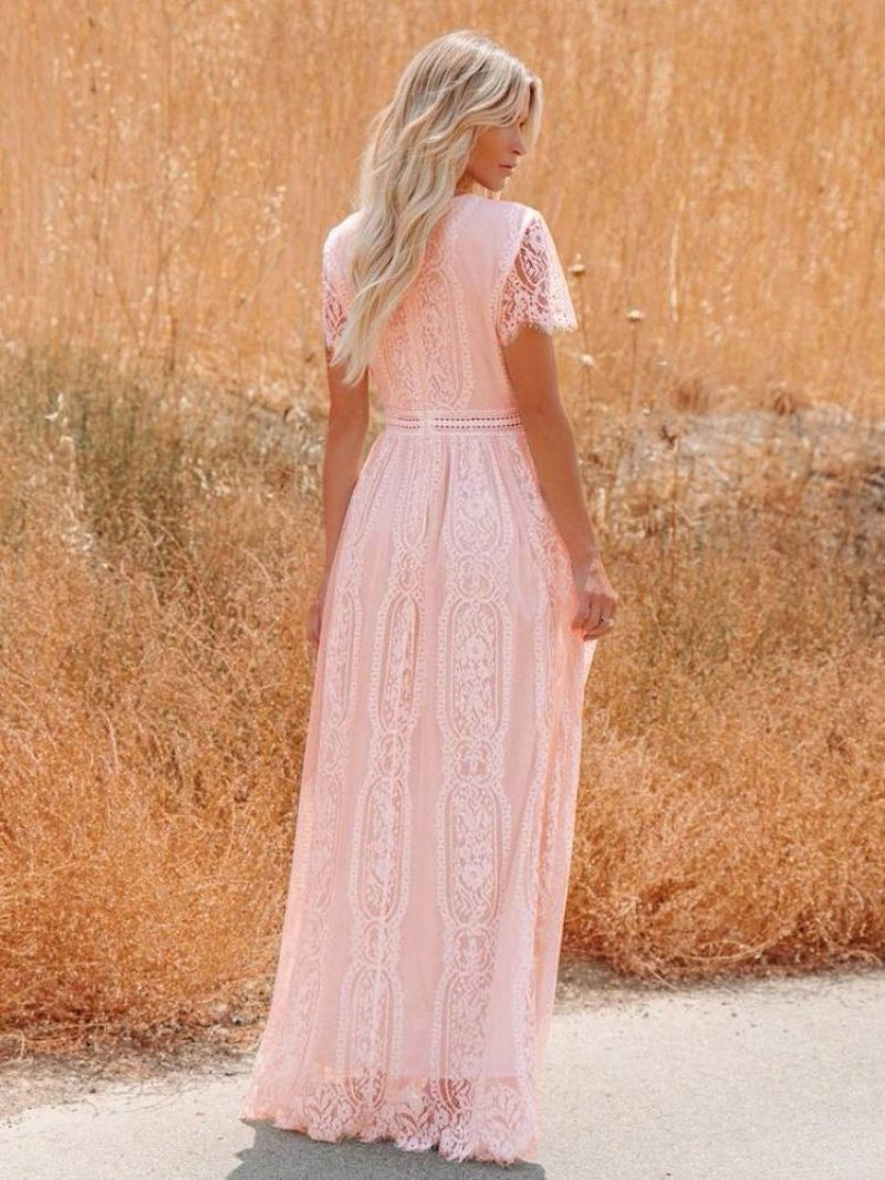 Damen-maxikleid Mit V-ausschnitt Halbe Ärmel Spitze Böhmisches Bodenlanges Kleid - Rosa