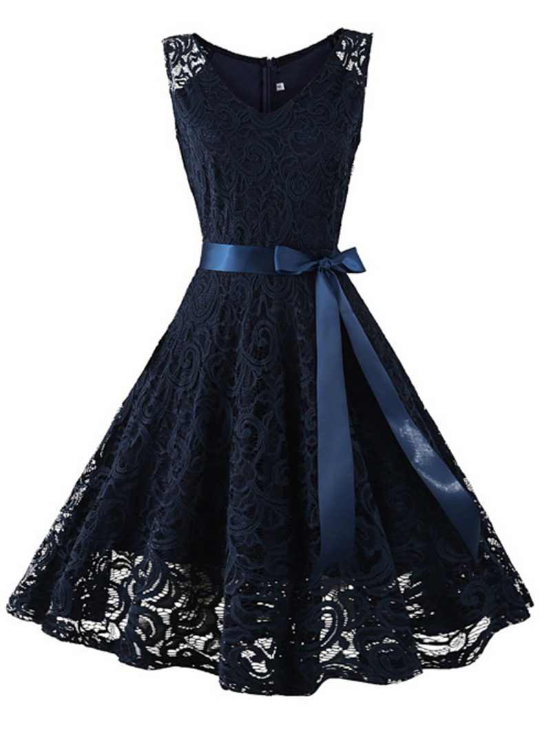 Damen-spitzen-vintage-kleid Im Stil Der 1950er-jahre Ärmelloses Kurzes Swing-kleid Mit Juwelenausschnitt - Dunkles Marineblau