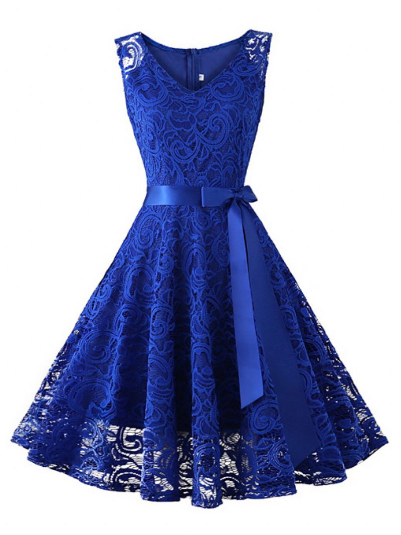 Damen-spitzen-vintage-kleid Im Stil Der 1950er-jahre Ärmelloses Kurzes Swing-kleid Mit Juwelenausschnitt - Blau