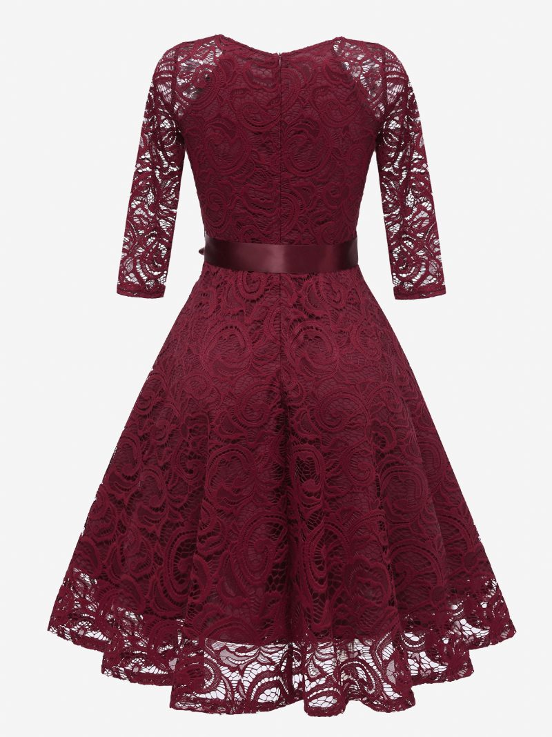 Damen-spitzen-vintage-kleid Mit V-ausschnitt Schleifen Einfarbig Kurzes Partykleid - Burgund