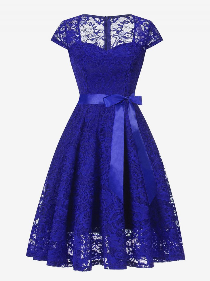 Damen Spitzenkleid Schleife Schärpe Herzausschnitt Kurze Ärmel Plissiert Swing Retro Party Kurzes Kleid - Blau