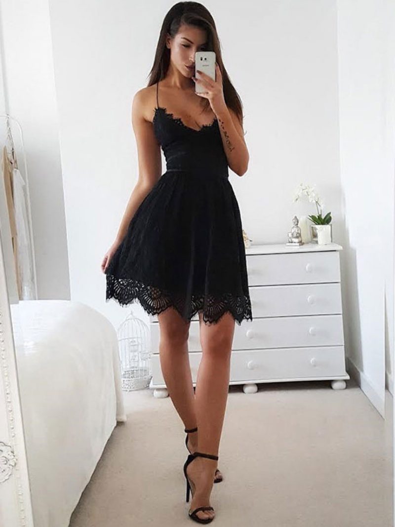 Weißes Spitzenkleid Boho Sommerkleid Damen V-ausschnitt Schnürung Rückenloses Slip-kleid - Schwarz