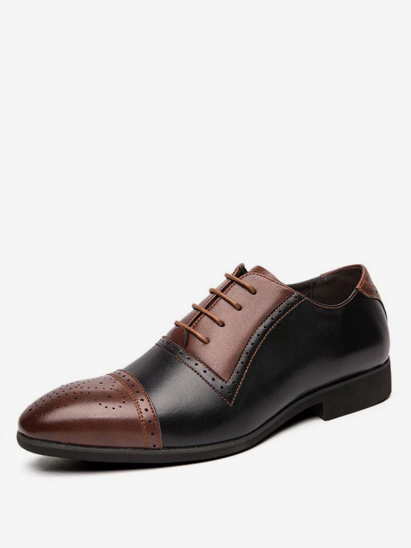 Herren-hochzeitskleid-oxford-formelle Schuhe Runder Zehenriemen Verstellbarer Farbblock Weiße Leder-hochzeitskleid-schuhe - Kaffeebraun