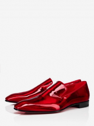 Herren-loafer Für Abschlussball Party Hochzeit Slip-on Quadratische Zehenpartie Rotes Glänzendes Leder Oxford