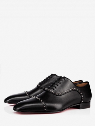 Schwarze Herren-hochzeitskleid-oxford-leder-rindsleder-runde Zehen-flachnieten-spike-schuhe