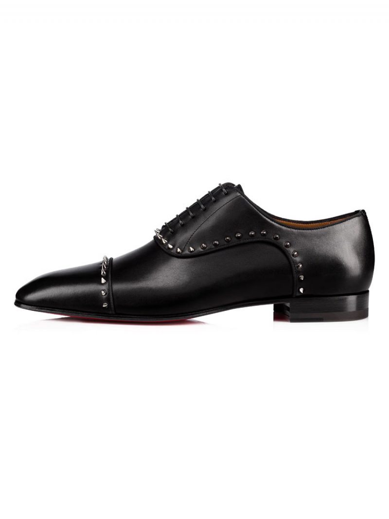 Schwarze Herren-hochzeitskleid-oxford-leder-rindsleder-runde Zehen-flachnieten-spike-schuhe - Schwarz