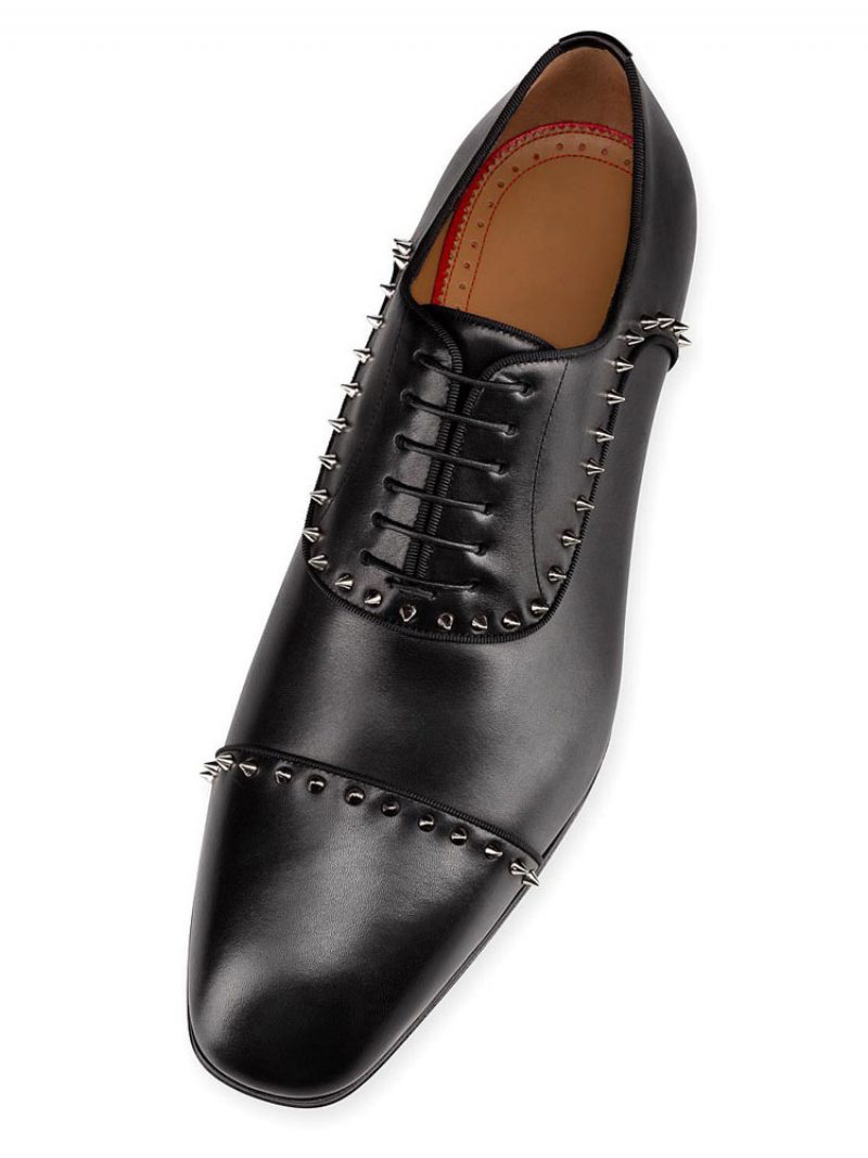 Schwarze Herren-hochzeitskleid-oxford-leder-rindsleder-runde Zehen-flachnieten-spike-schuhe - Schwarz