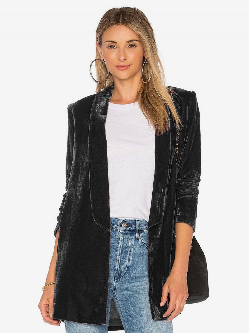 Blazer Für Damen Velours Lange Ärmel Einfarbig Maßgeschneiderte Jacke - Schwarz