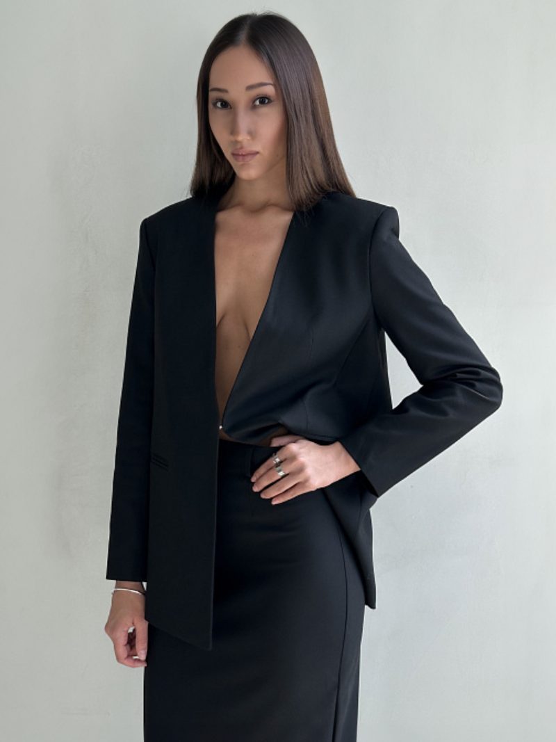 Blazer-jacke Für Damen Moderne Oberbekleidung Mit V-ausschnitt Und Langen Ärmeln - Schwarz