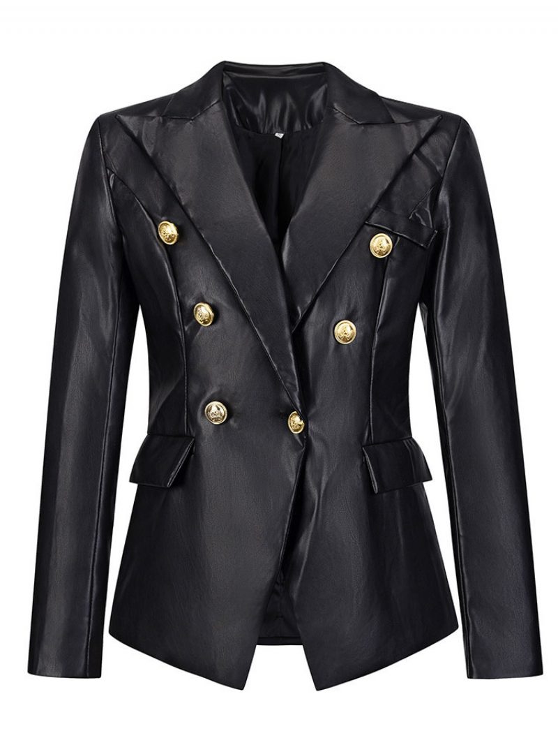 Kunstleder-blazer-jacke Metallic-gold Langärmelig Umlegekragen Zweireihig Revers Schmale Passform Moderne Frühlings-herbst-oberbekleidung Für Damen - Schwarz